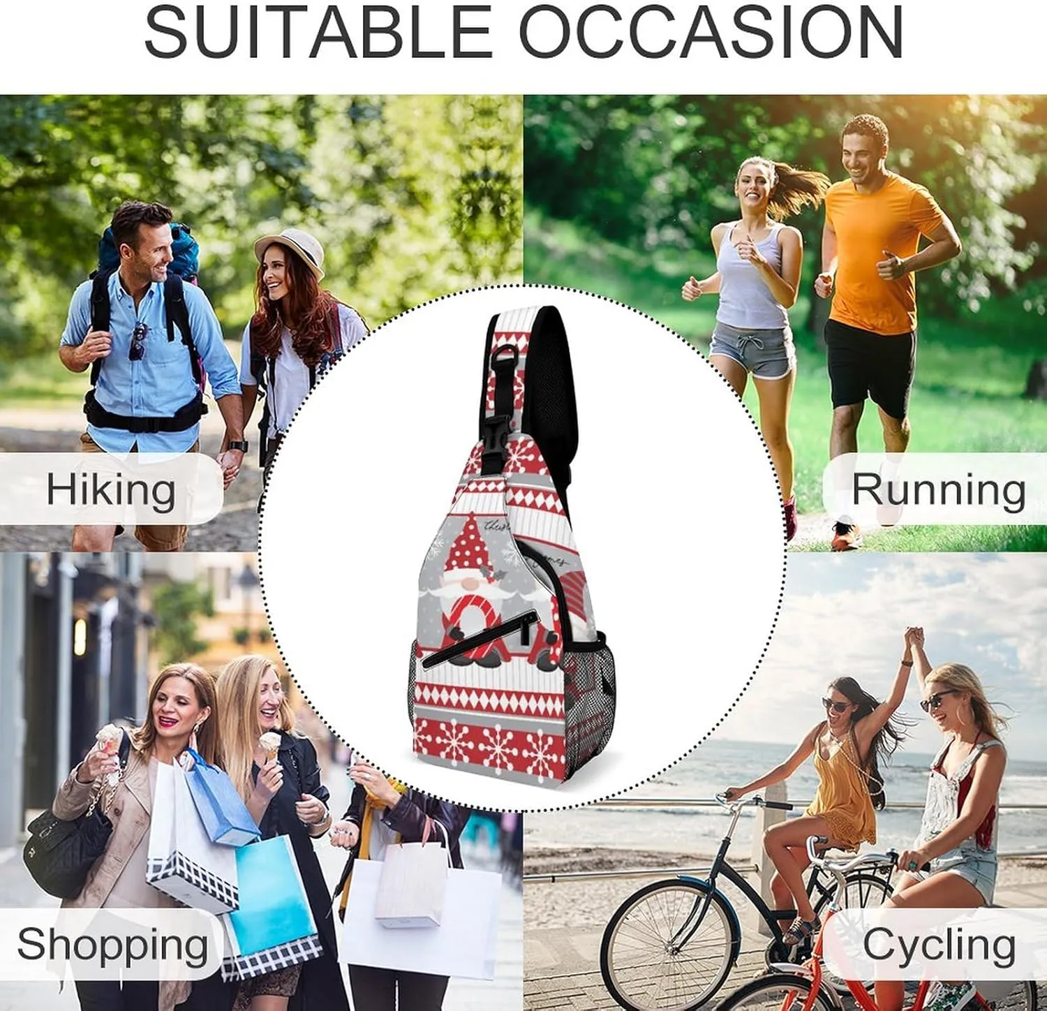 Sling Bag Christmas Cute Gnomes Crossbody Shoulder Backpack Winter Xmas Snowflake Adjustable Lightweight Travel Hiking Chest Bag for Men Women