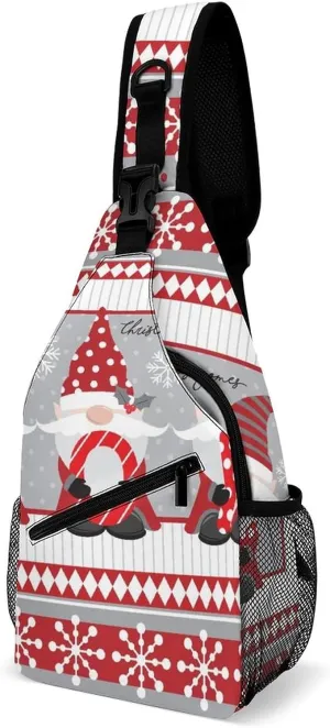 Sling Bag Christmas Cute Gnomes Crossbody Shoulder Backpack Winter Xmas Snowflake Adjustable Lightweight Travel Hiking Chest Bag for Men Women