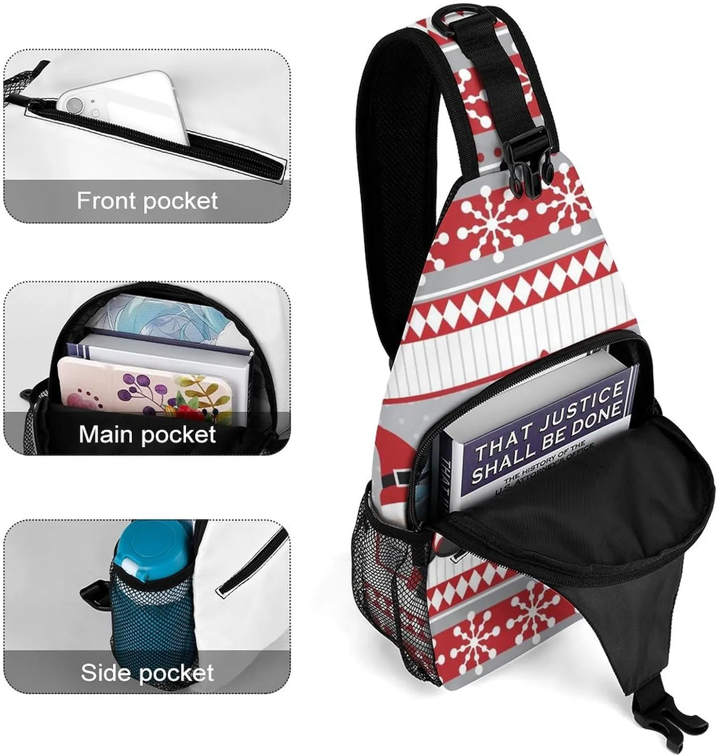 Sling Bag Christmas Cute Gnomes Crossbody Shoulder Backpack Winter Xmas Snowflake Adjustable Lightweight Travel Hiking Chest Bag for Men Women