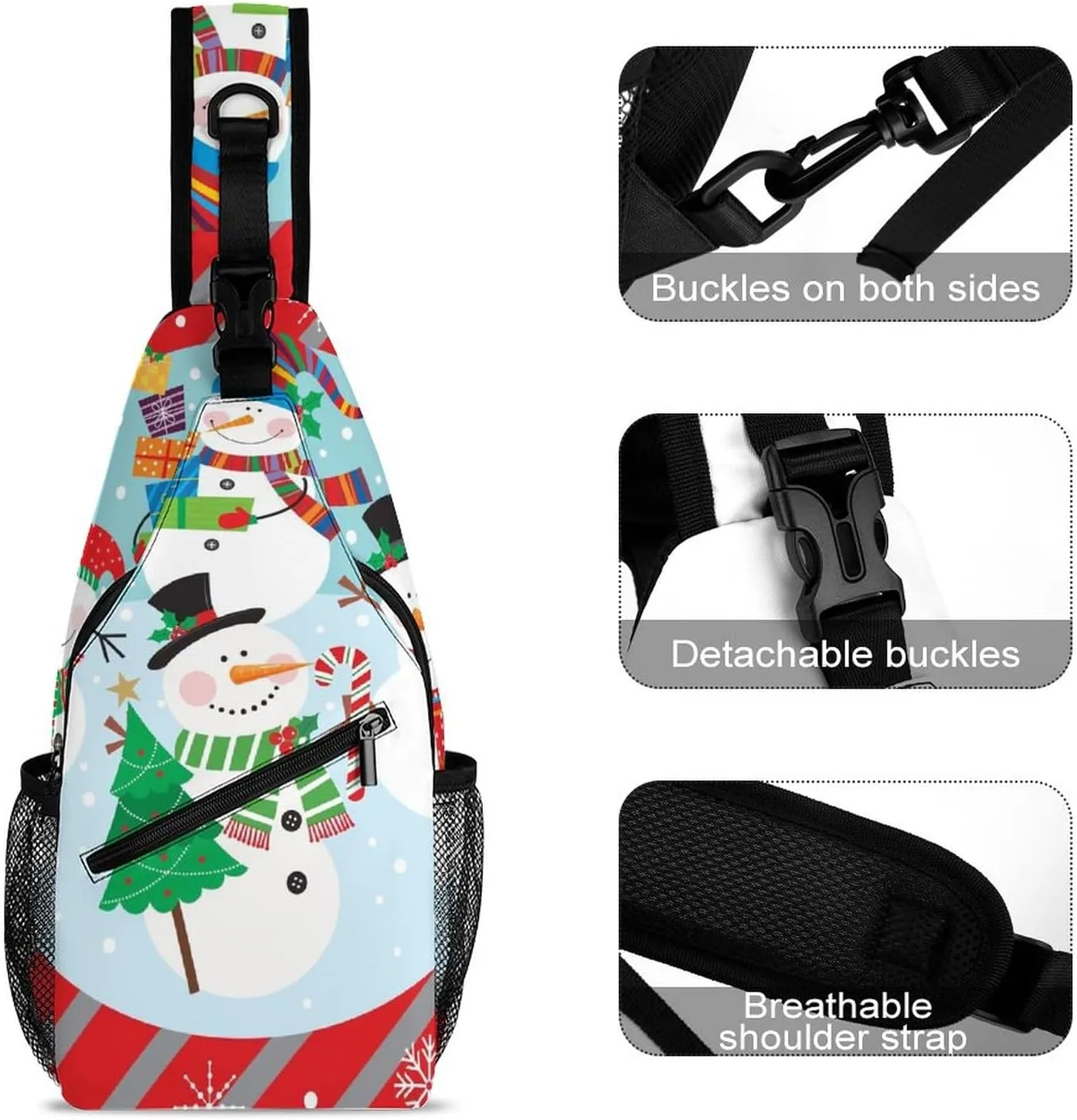 Sling Bag Christmas Cute Snowman Crossbody Backpack with Anti Theft Xmas Winter Snowflake Adjustable Shoulder Bag for Travel,Hiking,Cycling,Camping