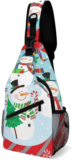 Sling Bag Christmas Cute Snowman Crossbody Backpack with Anti Theft Xmas Winter Snowflake Adjustable Shoulder Bag for Travel,Hiking,Cycling,Camping
