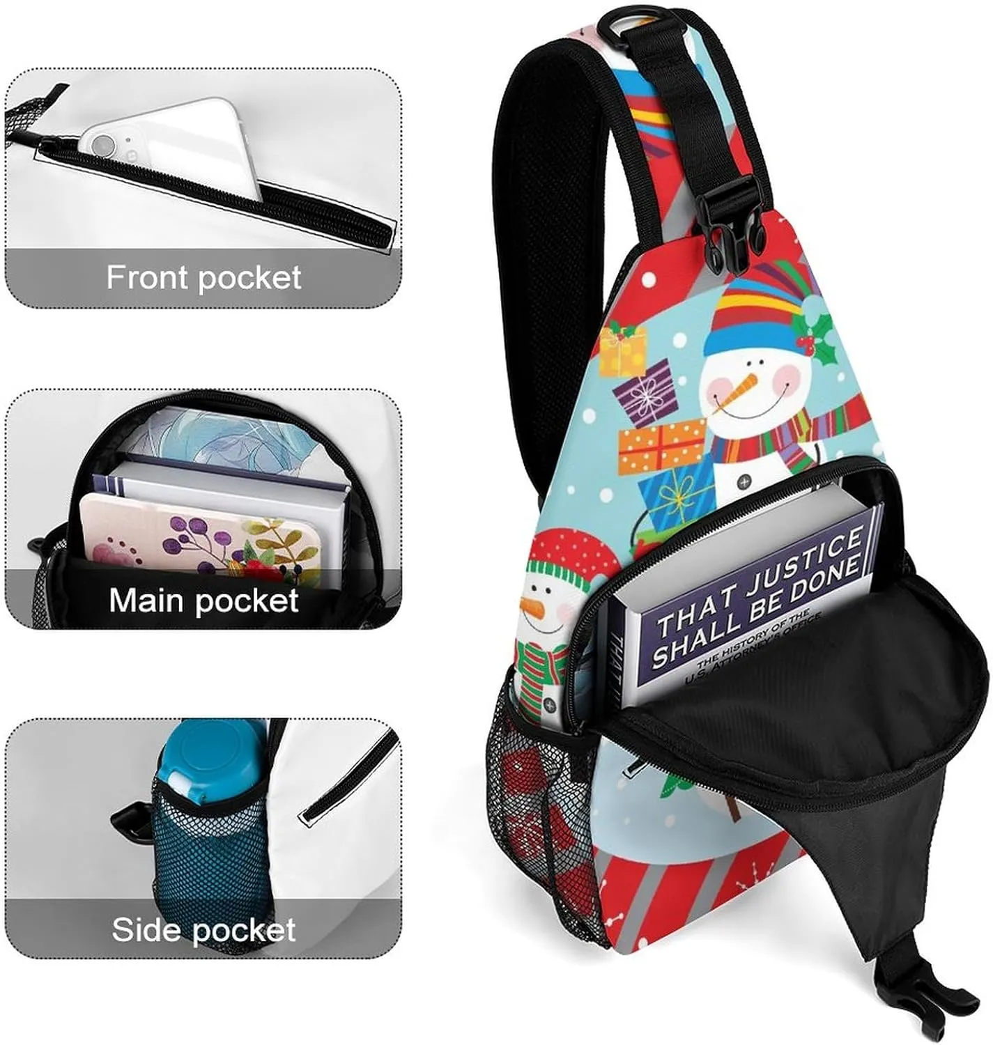 Sling Bag Christmas Cute Snowman Crossbody Backpack with Anti Theft Xmas Winter Snowflake Adjustable Shoulder Bag for Travel,Hiking,Cycling,Camping