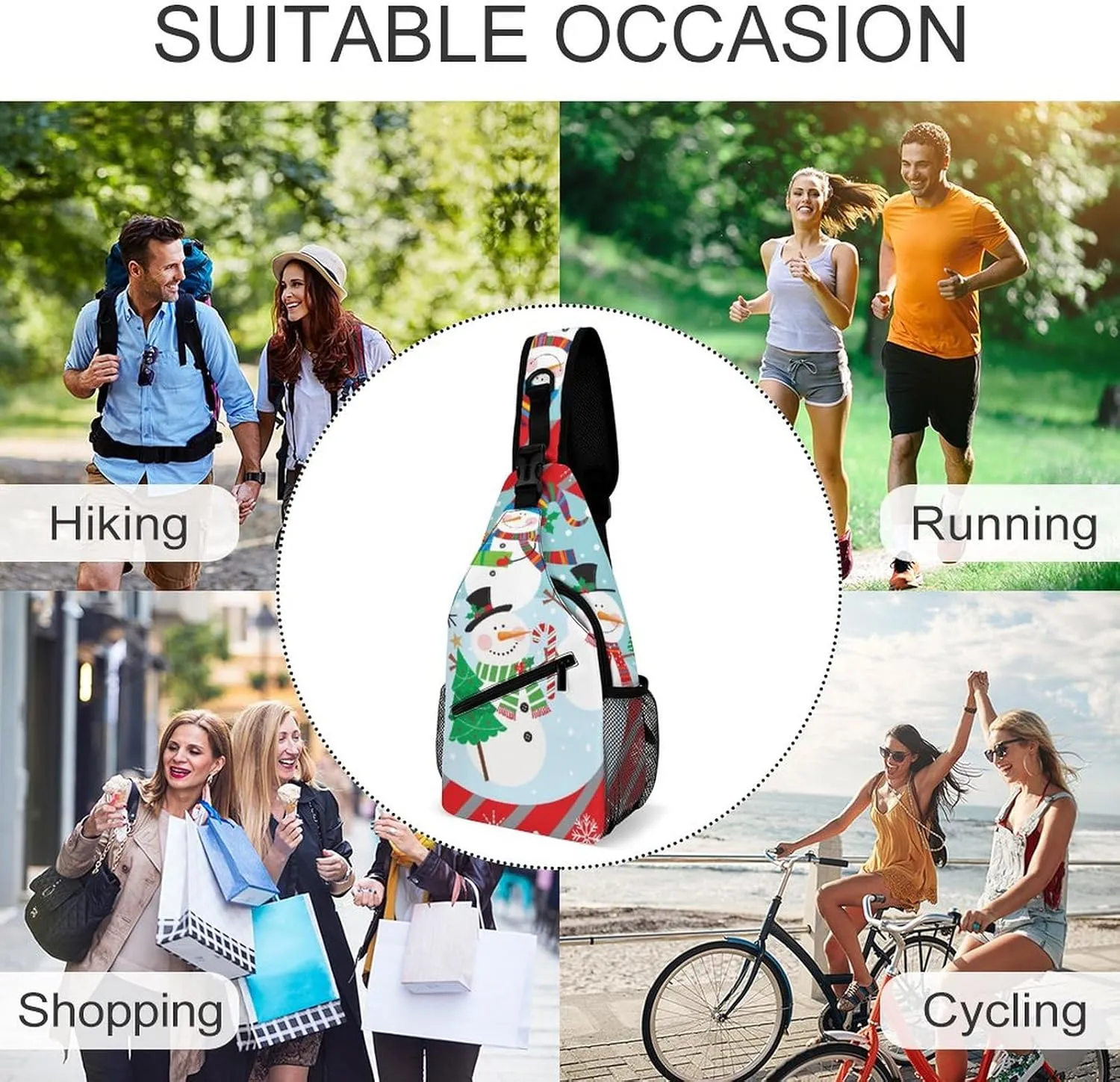 Sling Bag Christmas Cute Snowman Crossbody Backpack with Anti Theft Xmas Winter Snowflake Adjustable Shoulder Bag for Travel,Hiking,Cycling,Camping