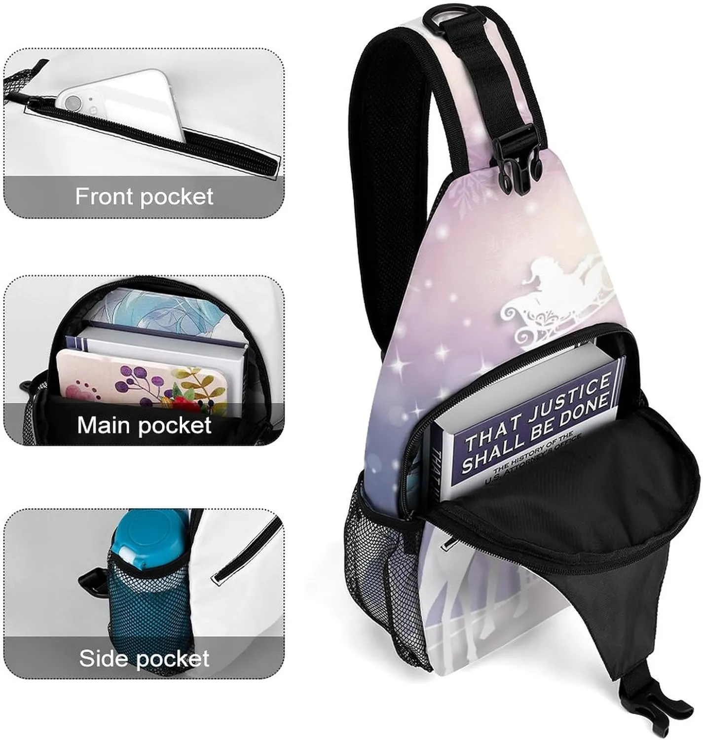 Sling Bag Deer Santa Claus Sled Crossbody Shoulder Backpack Christmas Snowflakes Winter Adjustable Lightweight Travel Hiking Chest Bag for Men Women