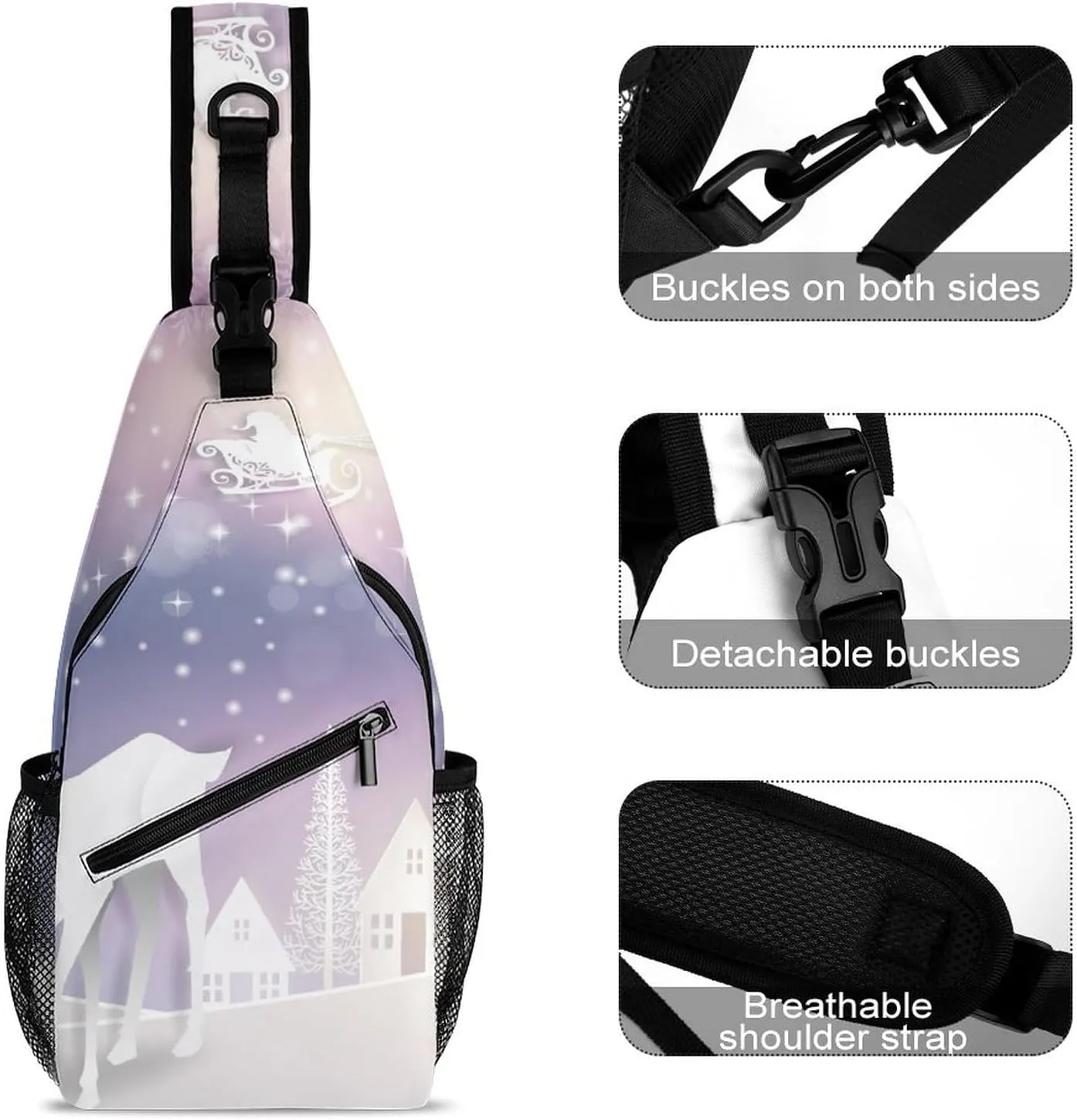 Sling Bag Deer Santa Claus Sled Crossbody Shoulder Backpack Christmas Snowflakes Winter Adjustable Lightweight Travel Hiking Chest Bag for Men Women