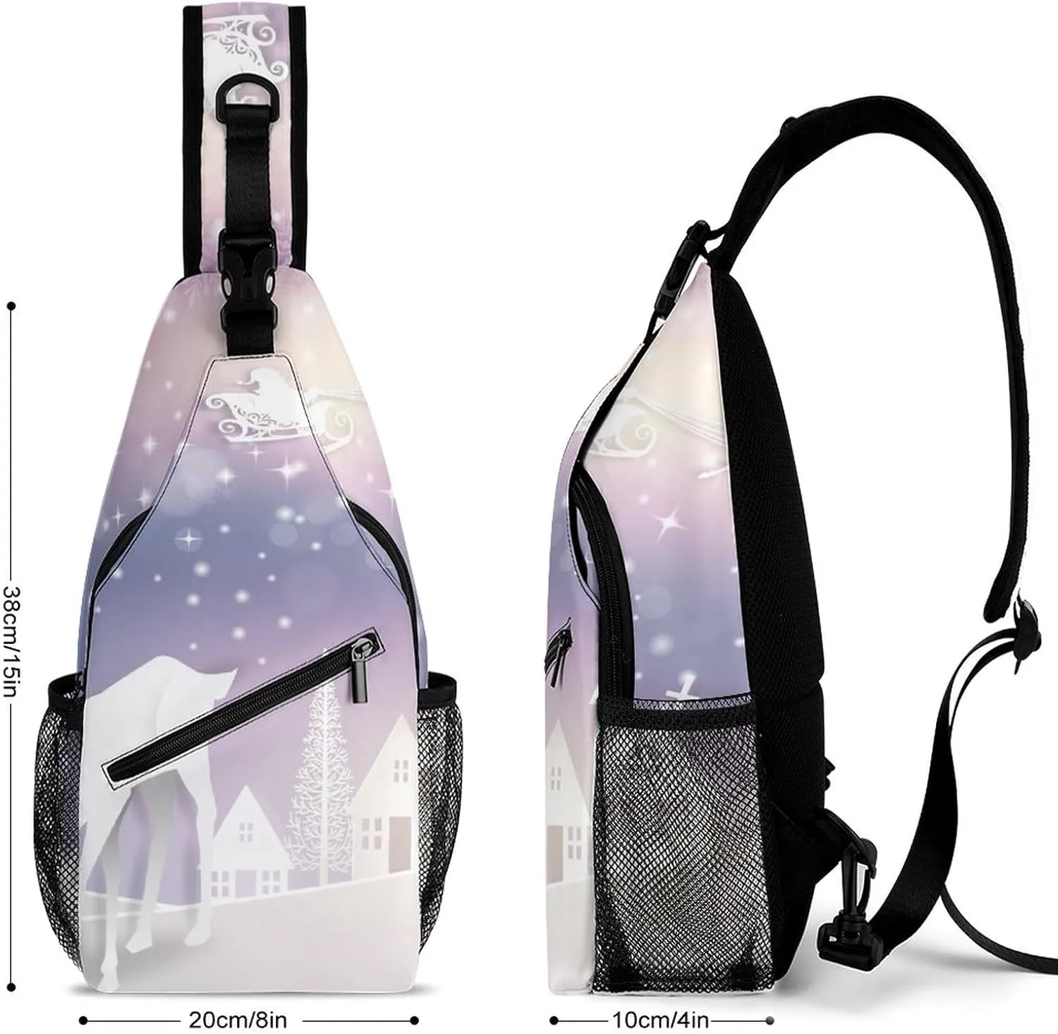Sling Bag Deer Santa Claus Sled Crossbody Shoulder Backpack Christmas Snowflakes Winter Adjustable Lightweight Travel Hiking Chest Bag for Men Women