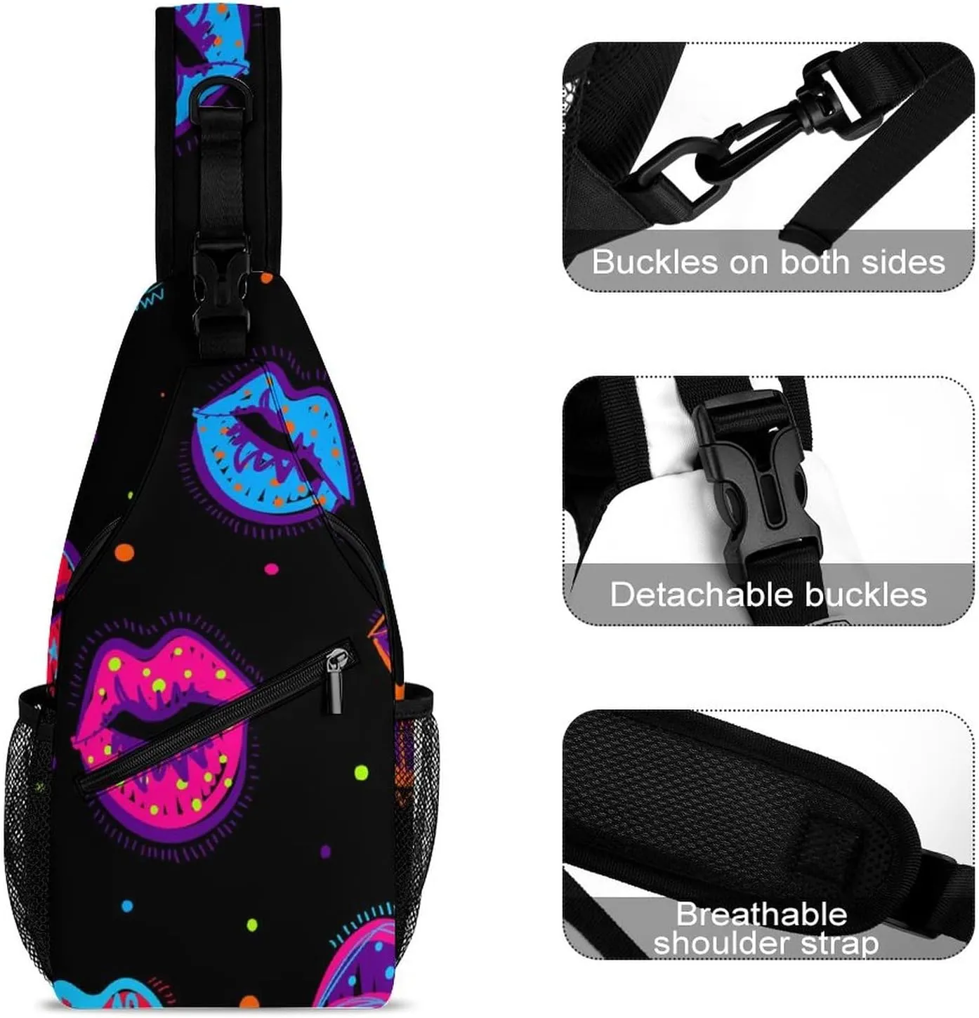 Sling Bag Dots Kiss Lips Crossbody Shoulder Backpack Colorful Cartoon Style Adjustable Lightweight Travel Hiking Chest Bag for Men Women