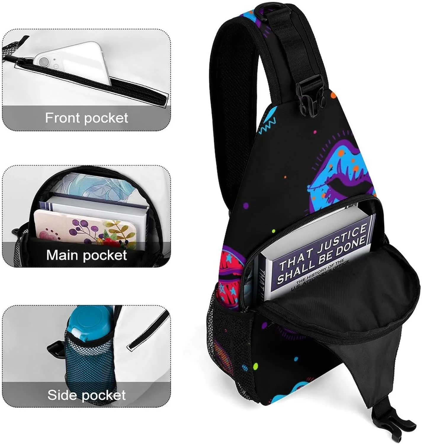 Sling Bag Dots Kiss Lips Crossbody Shoulder Backpack Colorful Cartoon Style Adjustable Lightweight Travel Hiking Chest Bag for Men Women