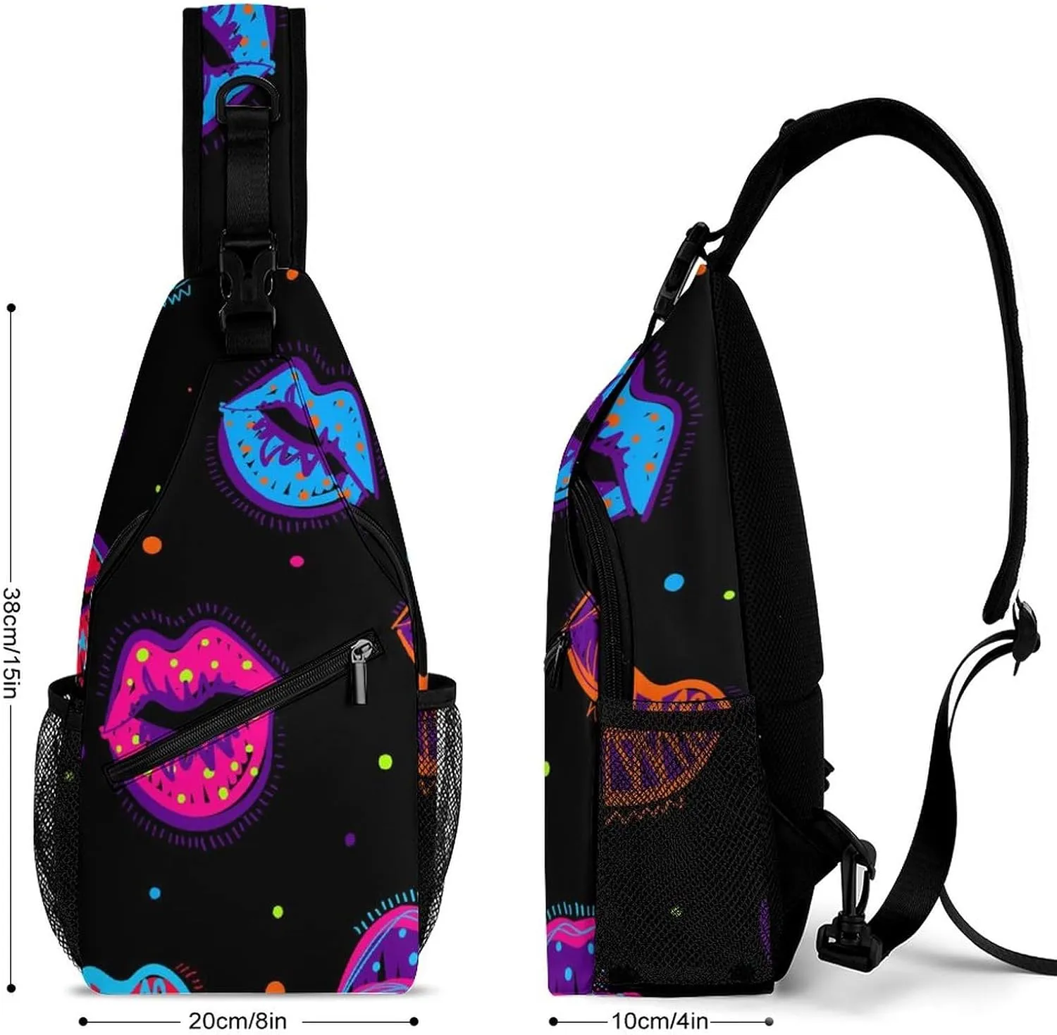 Sling Bag Dots Kiss Lips Crossbody Shoulder Backpack Colorful Cartoon Style Adjustable Lightweight Travel Hiking Chest Bag for Men Women