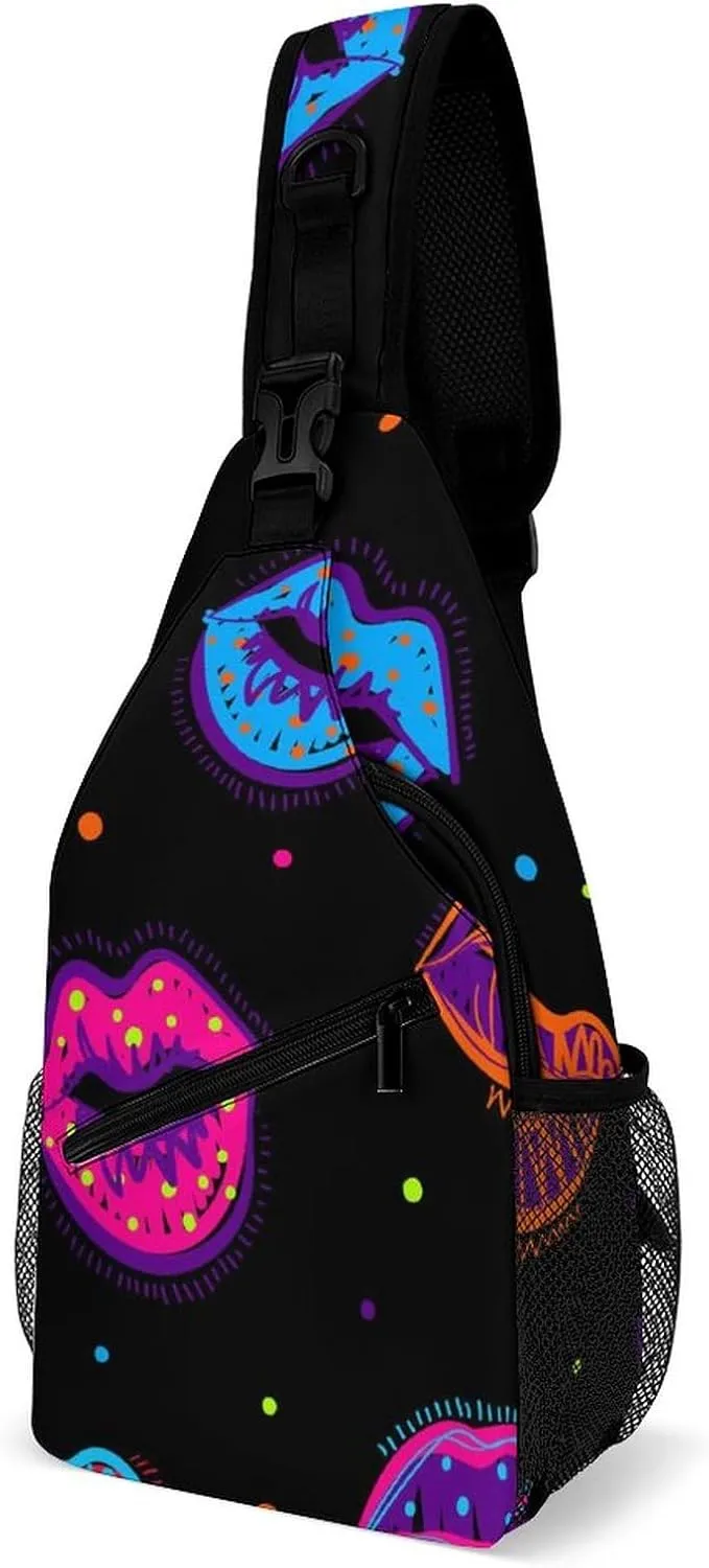 Sling Bag Dots Kiss Lips Crossbody Shoulder Backpack Colorful Cartoon Style Adjustable Lightweight Travel Hiking Chest Bag for Men Women