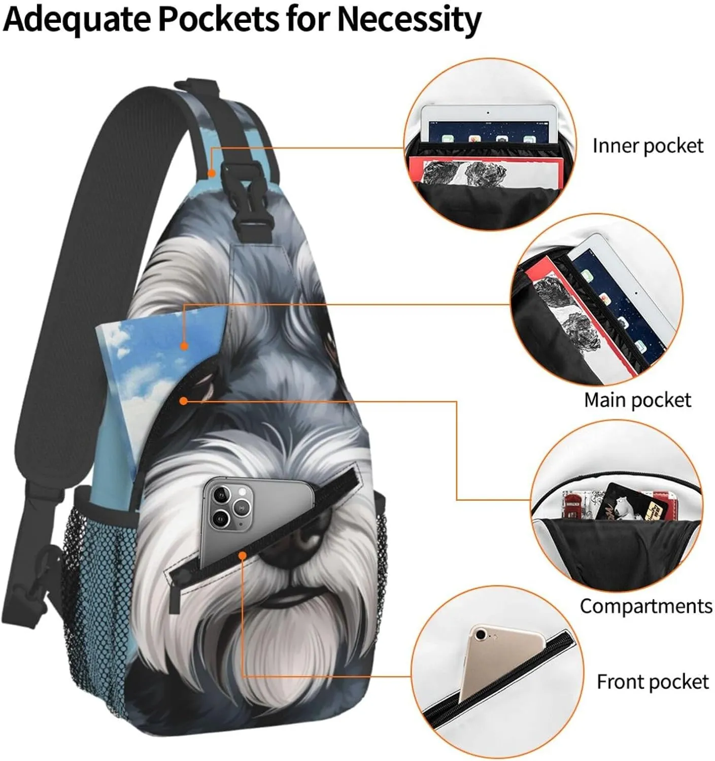 Sling Bag for Men Women Crossbody Backpack Schnauzer Blue Crossbody Bag Chest Bag for Travel Sport