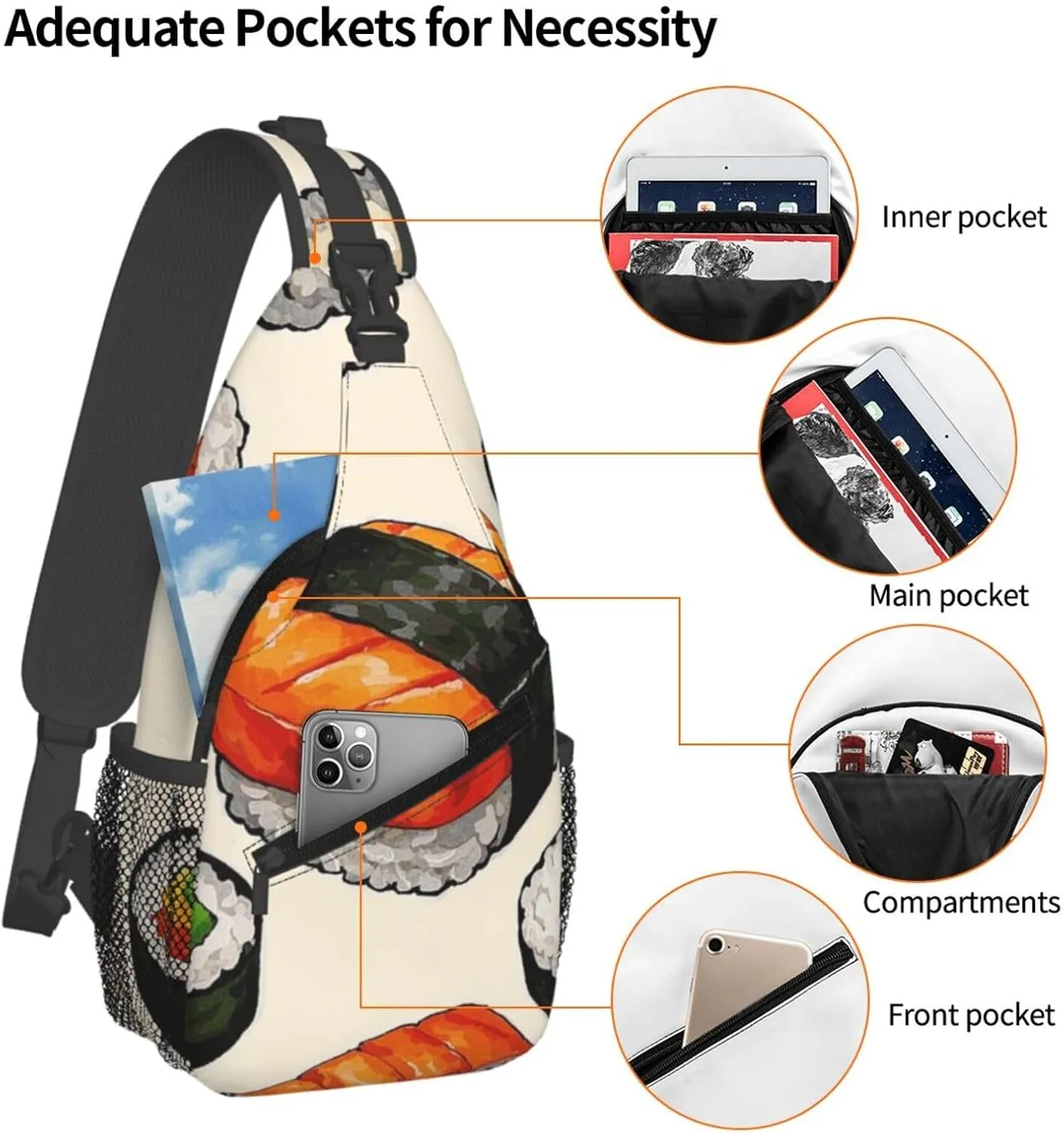 Sling Bag for Men Women Crossbody Backpack Sushi Food Pattern Crossbody Bag Chest Bag for Travel Sport