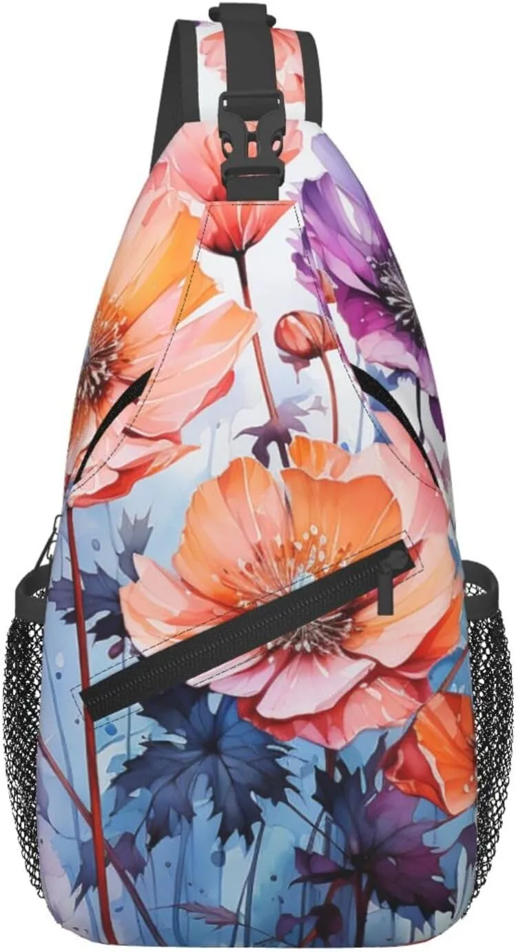 Sling Bag for Men Women Crossbody Backpack Watercolor flowers Crossbody Bag Chest Bag for Travel Sport