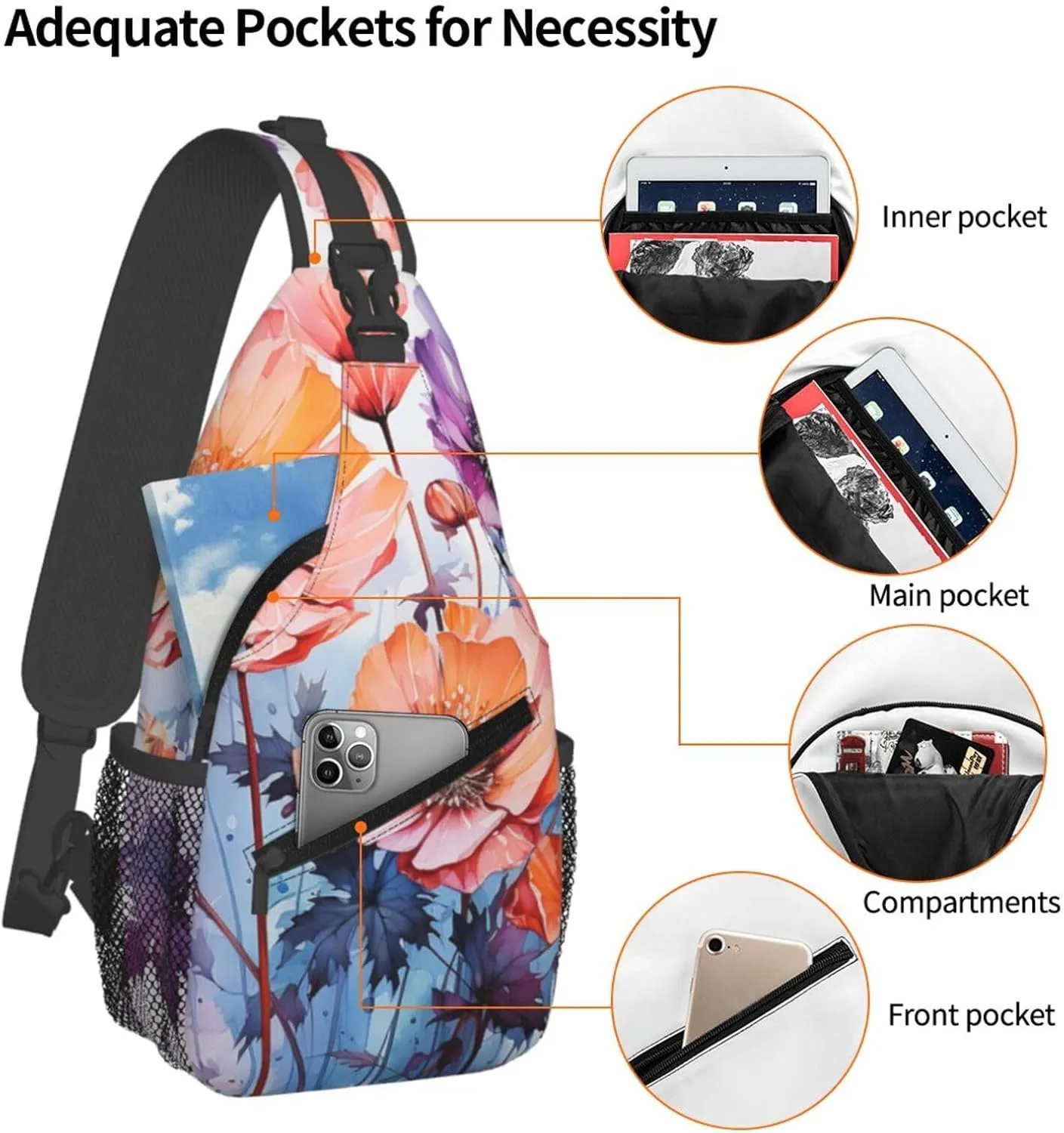 Sling Bag for Men Women Crossbody Backpack Watercolor flowers Crossbody Bag Chest Bag for Travel Sport