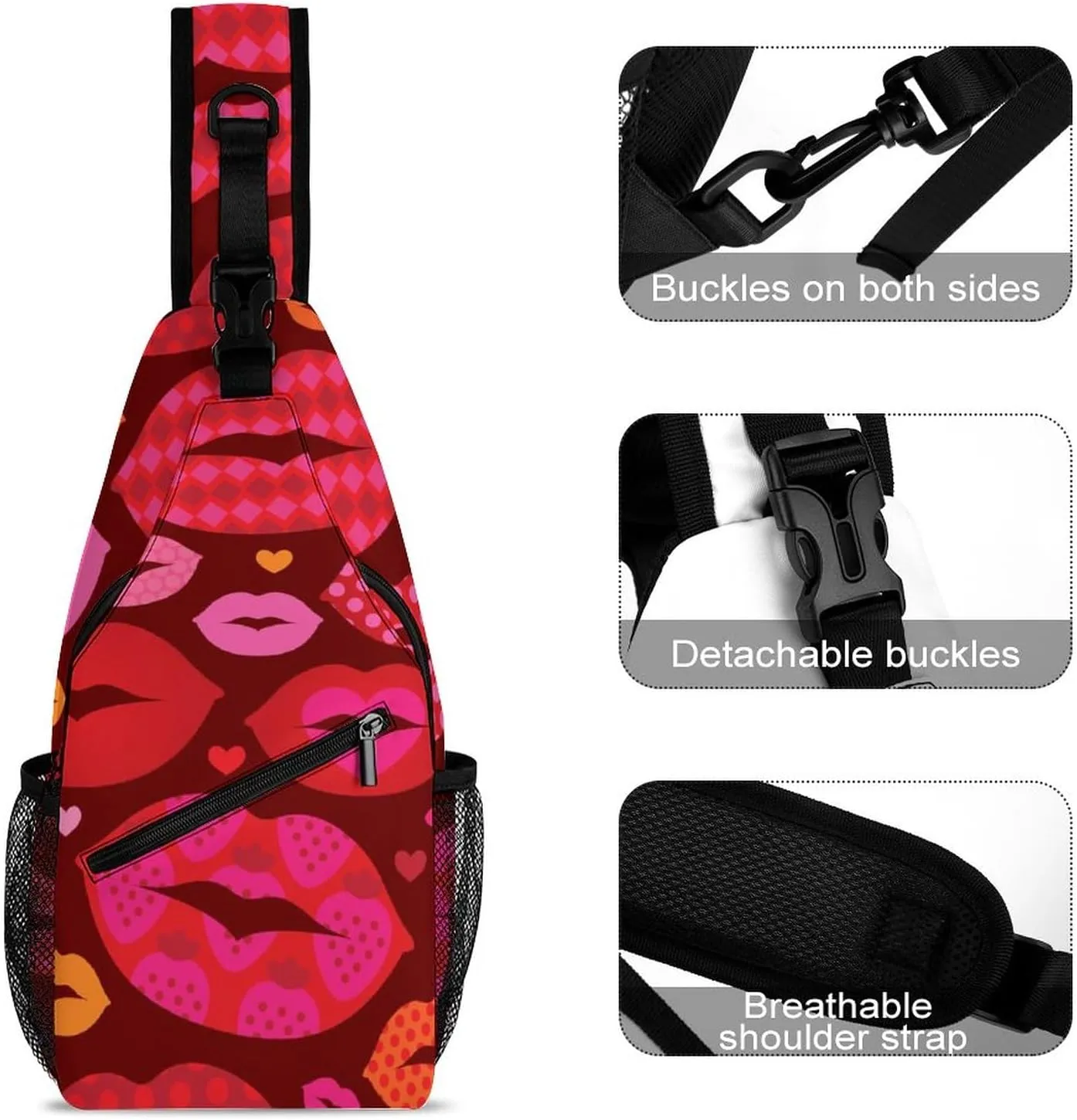 Sling Bag Funny Love Lips Crossbody Shoulder Backpack Heart Cute Mouth Adjustable Lightweight Travel Hiking Chest Bag for Men Women