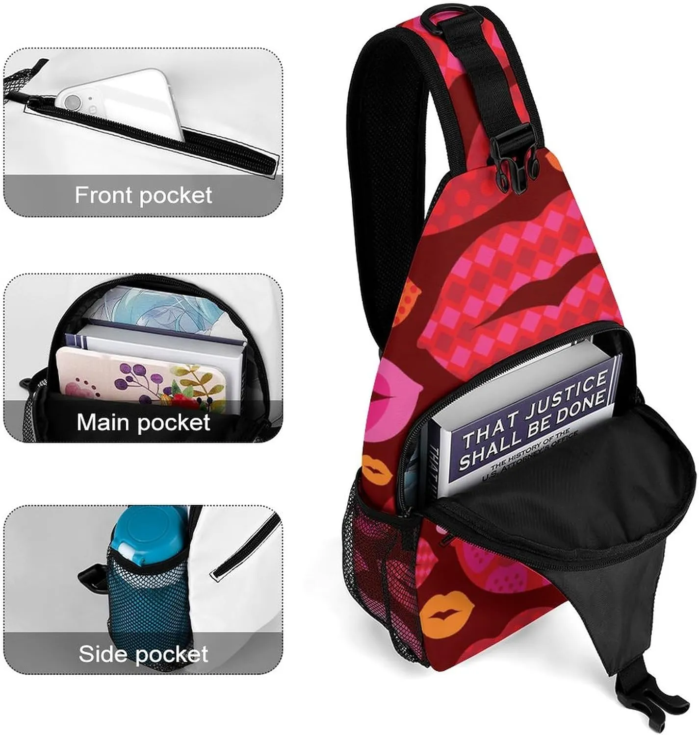 Sling Bag Funny Love Lips Crossbody Shoulder Backpack Heart Cute Mouth Adjustable Lightweight Travel Hiking Chest Bag for Men Women