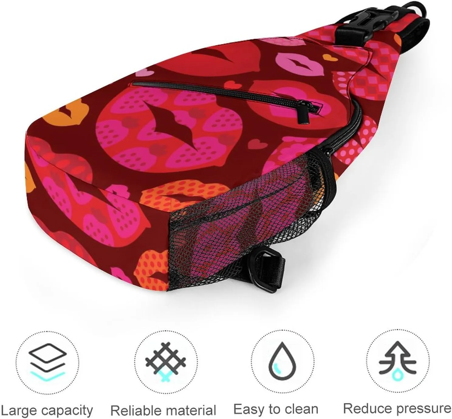 Sling Bag Funny Love Lips Crossbody Shoulder Backpack Heart Cute Mouth Adjustable Lightweight Travel Hiking Chest Bag for Men Women