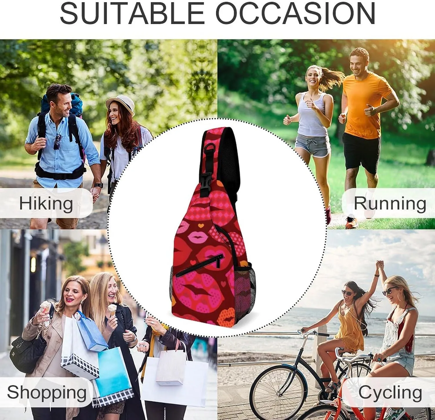 Sling Bag Funny Love Lips Crossbody Shoulder Backpack Heart Cute Mouth Adjustable Lightweight Travel Hiking Chest Bag for Men Women