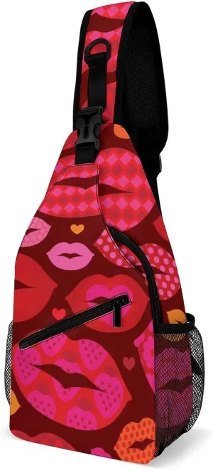 Sling Bag Funny Love Lips Crossbody Shoulder Backpack Heart Cute Mouth Adjustable Lightweight Travel Hiking Chest Bag for Men Women