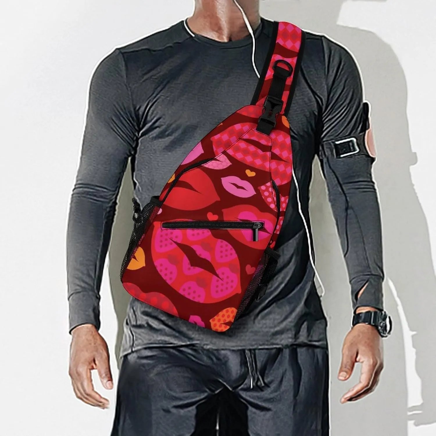 Sling Bag Funny Love Lips Crossbody Shoulder Backpack Heart Cute Mouth Adjustable Lightweight Travel Hiking Chest Bag for Men Women
