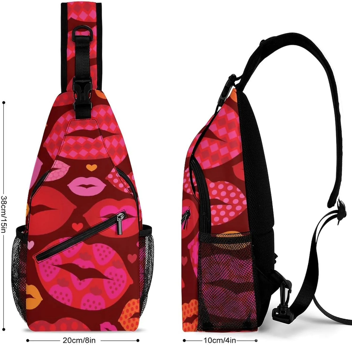 Sling Bag Funny Love Lips Crossbody Shoulder Backpack Heart Cute Mouth Adjustable Lightweight Travel Hiking Chest Bag for Men Women