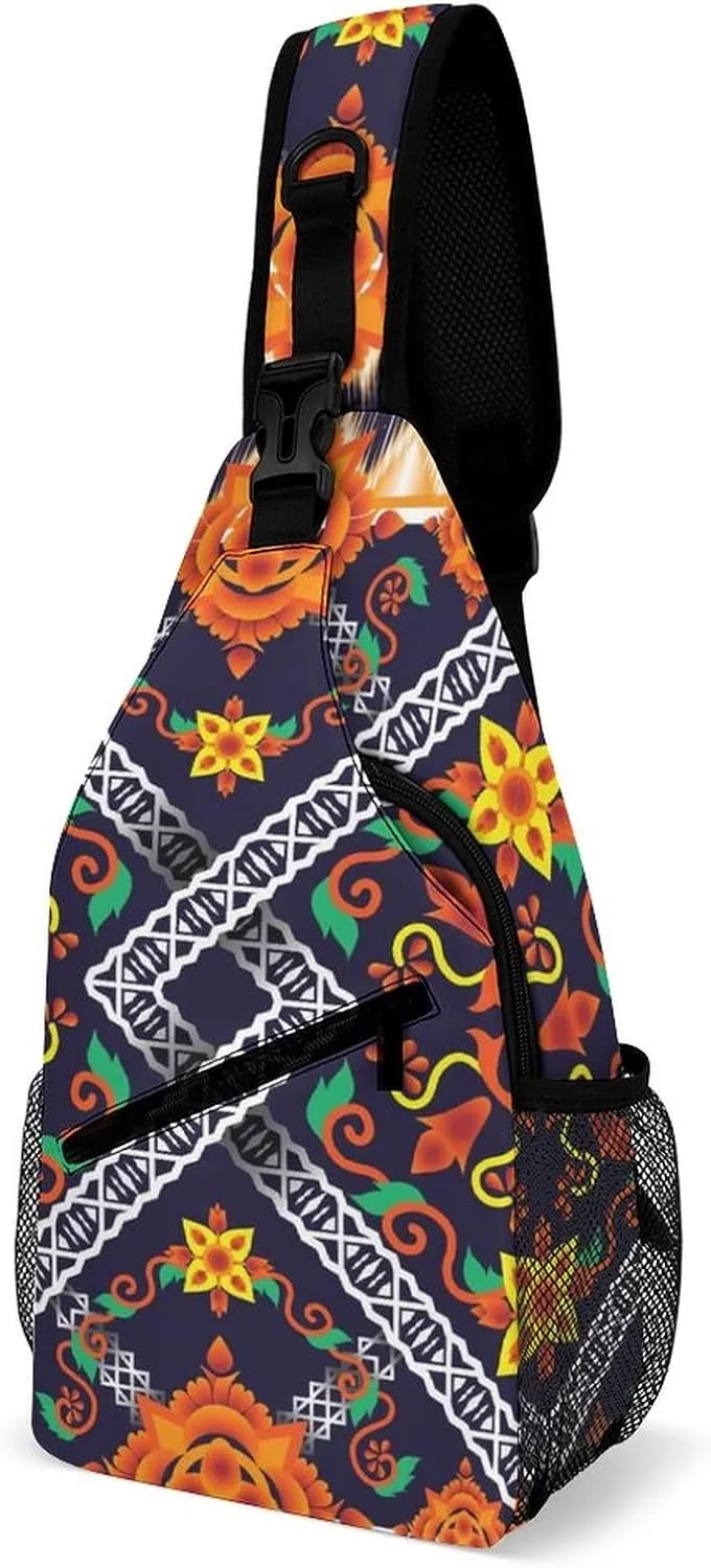 Sling Bag Geometric Embroidery Crossbody Backpack with Anti Theft Tribal Floral Ethnic Adjustable Shoulder Bag for Travel,Hiking,Cycling,Camping