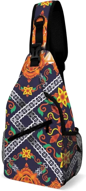 Sling Bag Geometric Embroidery Crossbody Backpack with Anti Theft Tribal Floral Ethnic Adjustable Shoulder Bag for Travel,Hiking,Cycling,Camping