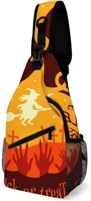 Sling Bag Halloween Witch Crossbody Backpack with Anti Theft Quote Trick Or Treat Adjustable Shoulder Bag for Travel,Hiking,Cycling,Camping