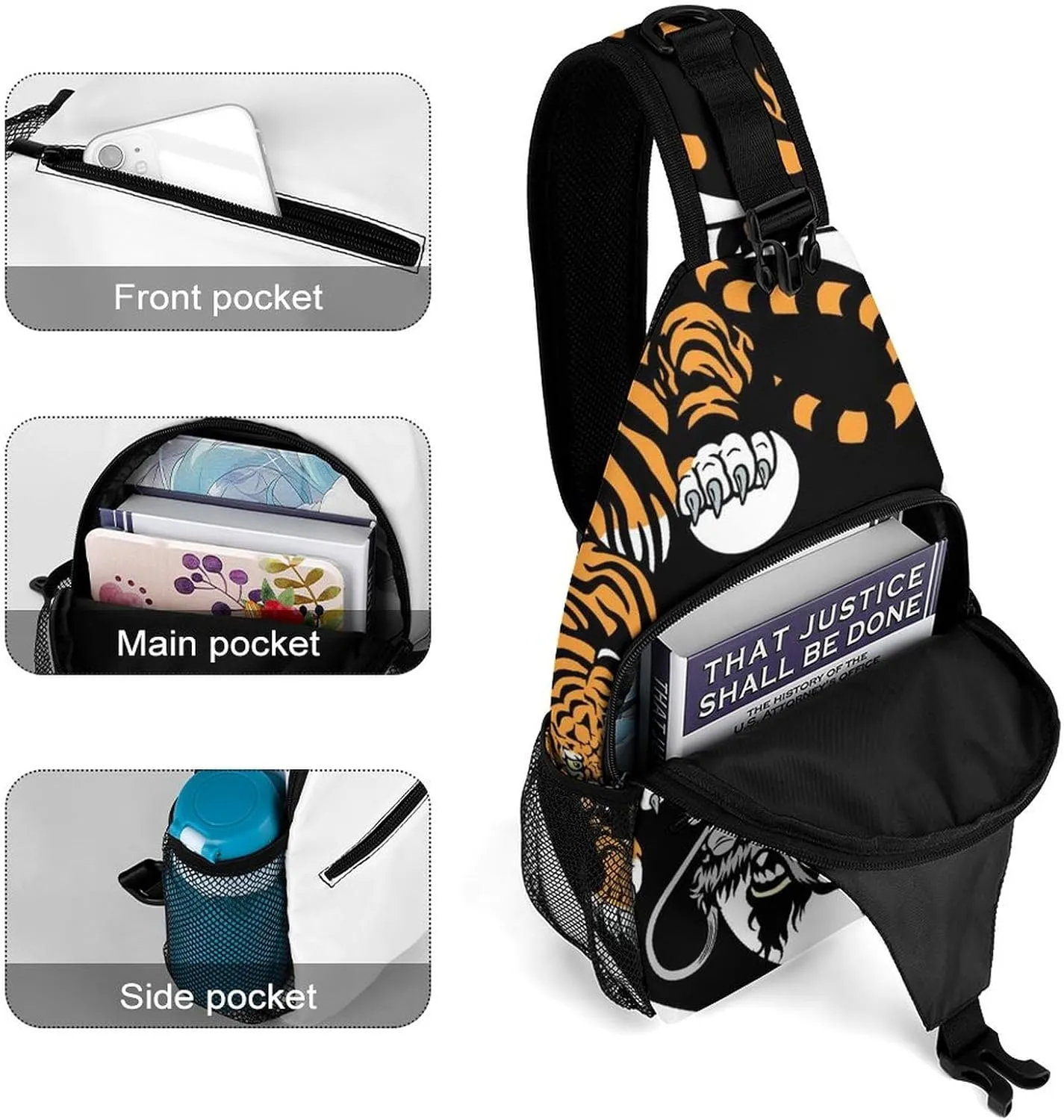 Sling Bag Japanese Tiger Dragon Crossbody Backpack with Anti Theft Yin And Yang Adjustable Shoulder Bag for Travel,Hiking,Cycling,Camping
