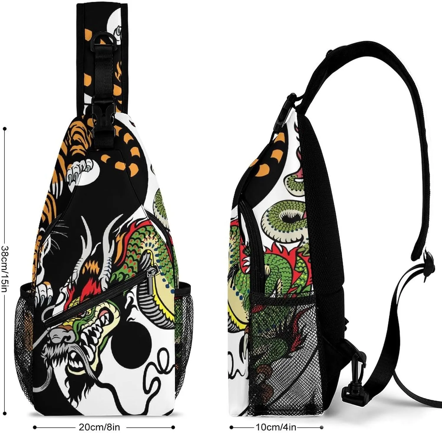Sling Bag Japanese Tiger Dragon Crossbody Backpack with Anti Theft Yin And Yang Adjustable Shoulder Bag for Travel,Hiking,Cycling,Camping