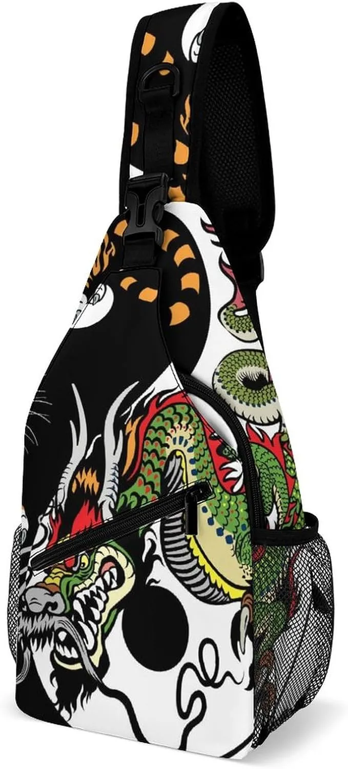 Sling Bag Japanese Tiger Dragon Crossbody Backpack with Anti Theft Yin And Yang Adjustable Shoulder Bag for Travel,Hiking,Cycling,Camping