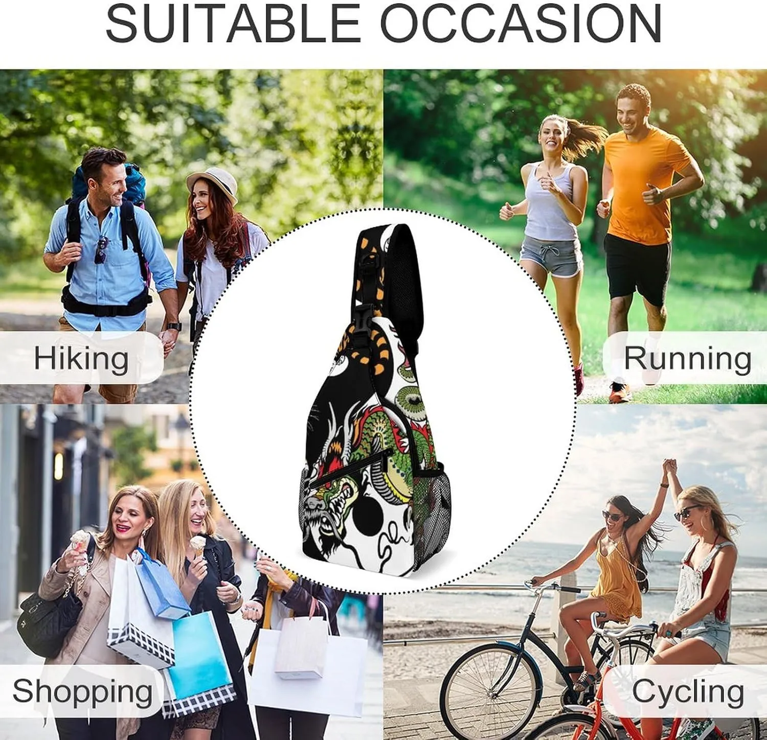 Sling Bag Japanese Tiger Dragon Crossbody Backpack with Anti Theft Yin And Yang Adjustable Shoulder Bag for Travel,Hiking,Cycling,Camping