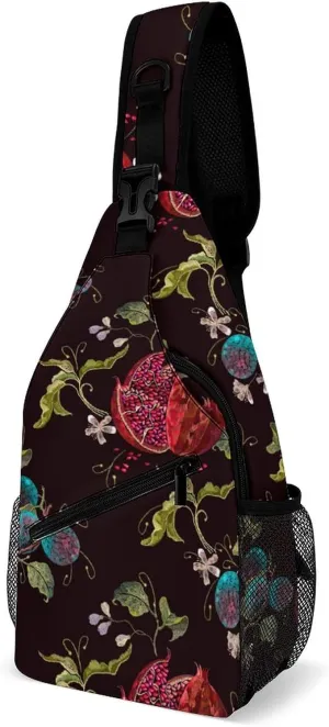 Sling Bag Red Pomegranate Crossbody Backpack with Anti Theft Embroidery Cherry Adjustable Shoulder Bag for Travel,Hiking,Cycling,Camping