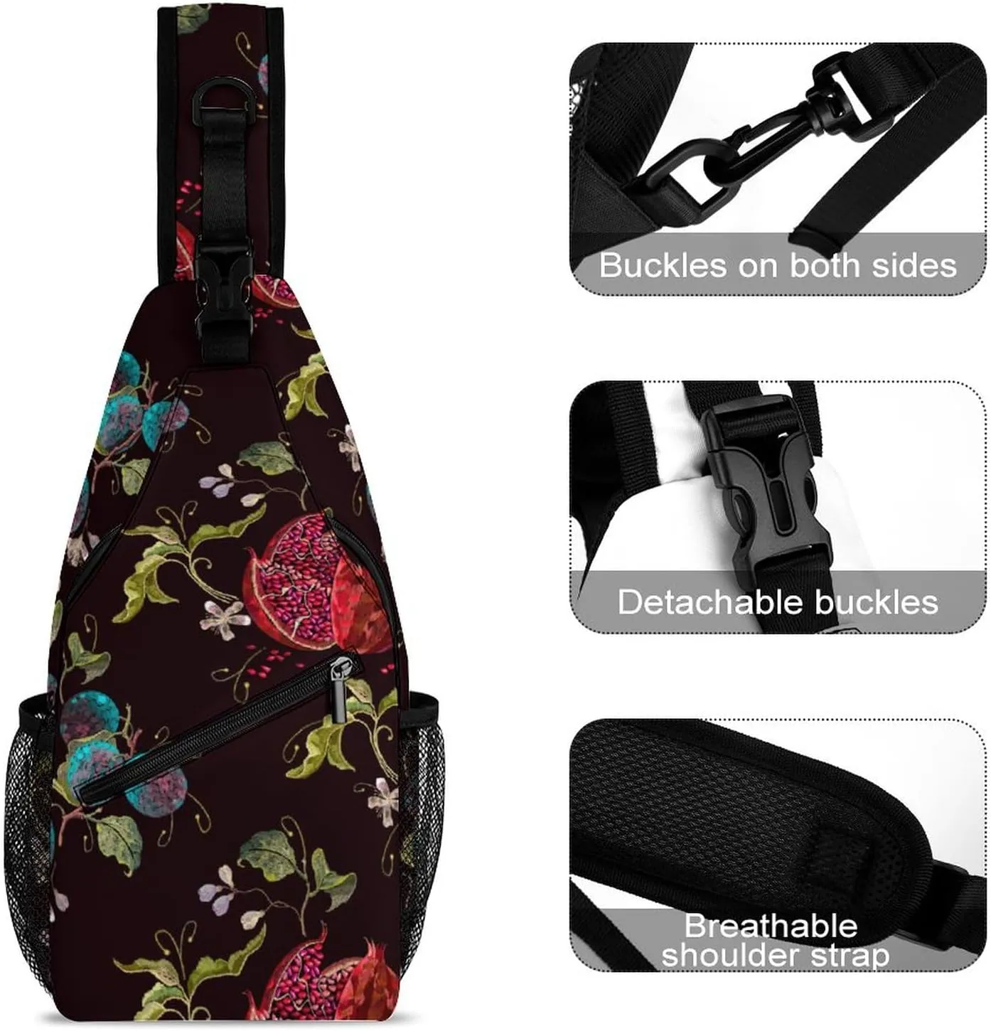 Sling Bag Red Pomegranate Crossbody Backpack with Anti Theft Embroidery Cherry Adjustable Shoulder Bag for Travel,Hiking,Cycling,Camping