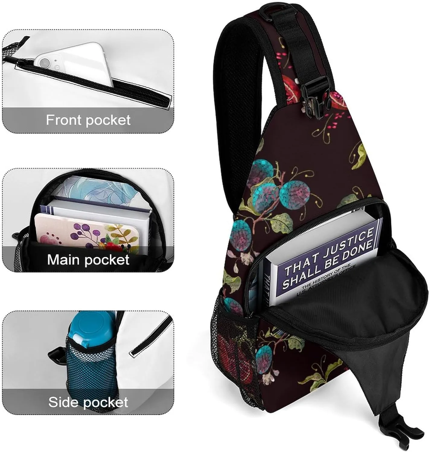 Sling Bag Red Pomegranate Crossbody Backpack with Anti Theft Embroidery Cherry Adjustable Shoulder Bag for Travel,Hiking,Cycling,Camping