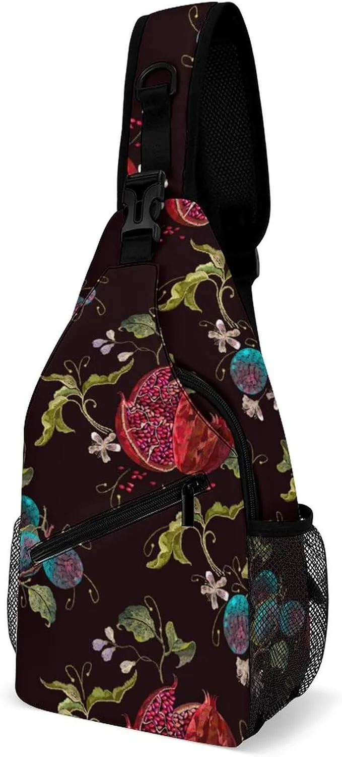 Sling Bag Red Pomegranate Crossbody Backpack with Anti Theft Embroidery Cherry Adjustable Shoulder Bag for Travel,Hiking,Cycling,Camping