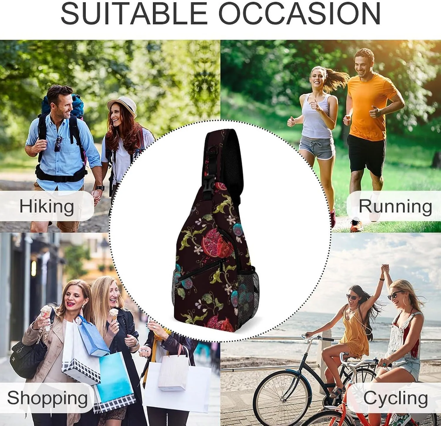 Sling Bag Red Pomegranate Crossbody Backpack with Anti Theft Embroidery Cherry Adjustable Shoulder Bag for Travel,Hiking,Cycling,Camping