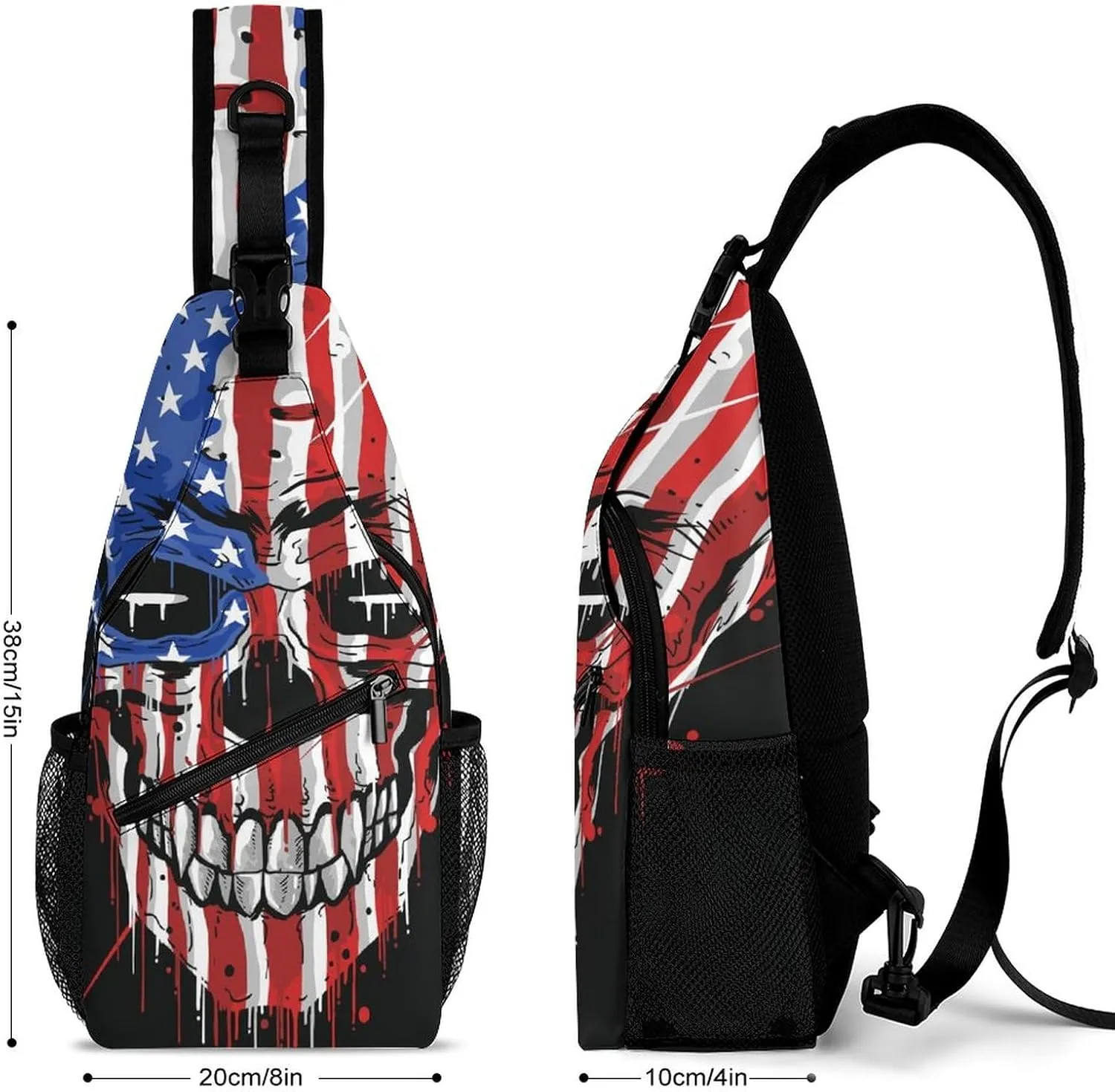 Sling Bag Skull American Flag Crossbody Backpack with Anti Theft Adjustable Shoulder Bag for Travel,Hiking,Cycling,Camping