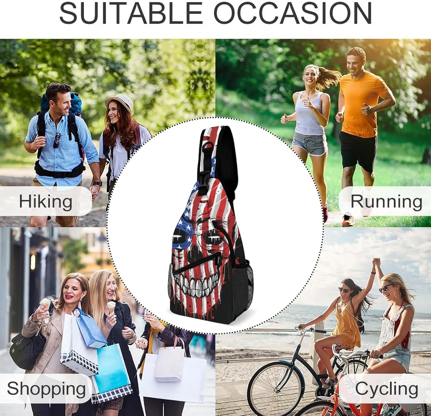 Sling Bag Skull American Flag Crossbody Backpack with Anti Theft Adjustable Shoulder Bag for Travel,Hiking,Cycling,Camping