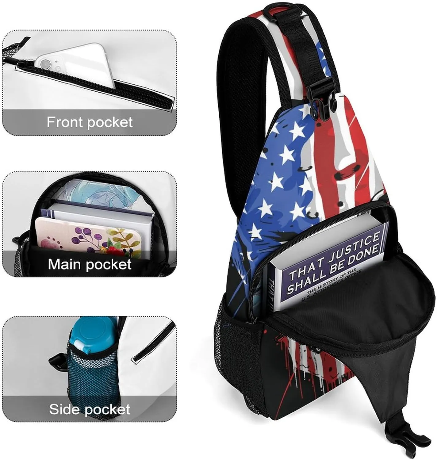 Sling Bag Skull American Flag Crossbody Backpack with Anti Theft Adjustable Shoulder Bag for Travel,Hiking,Cycling,Camping