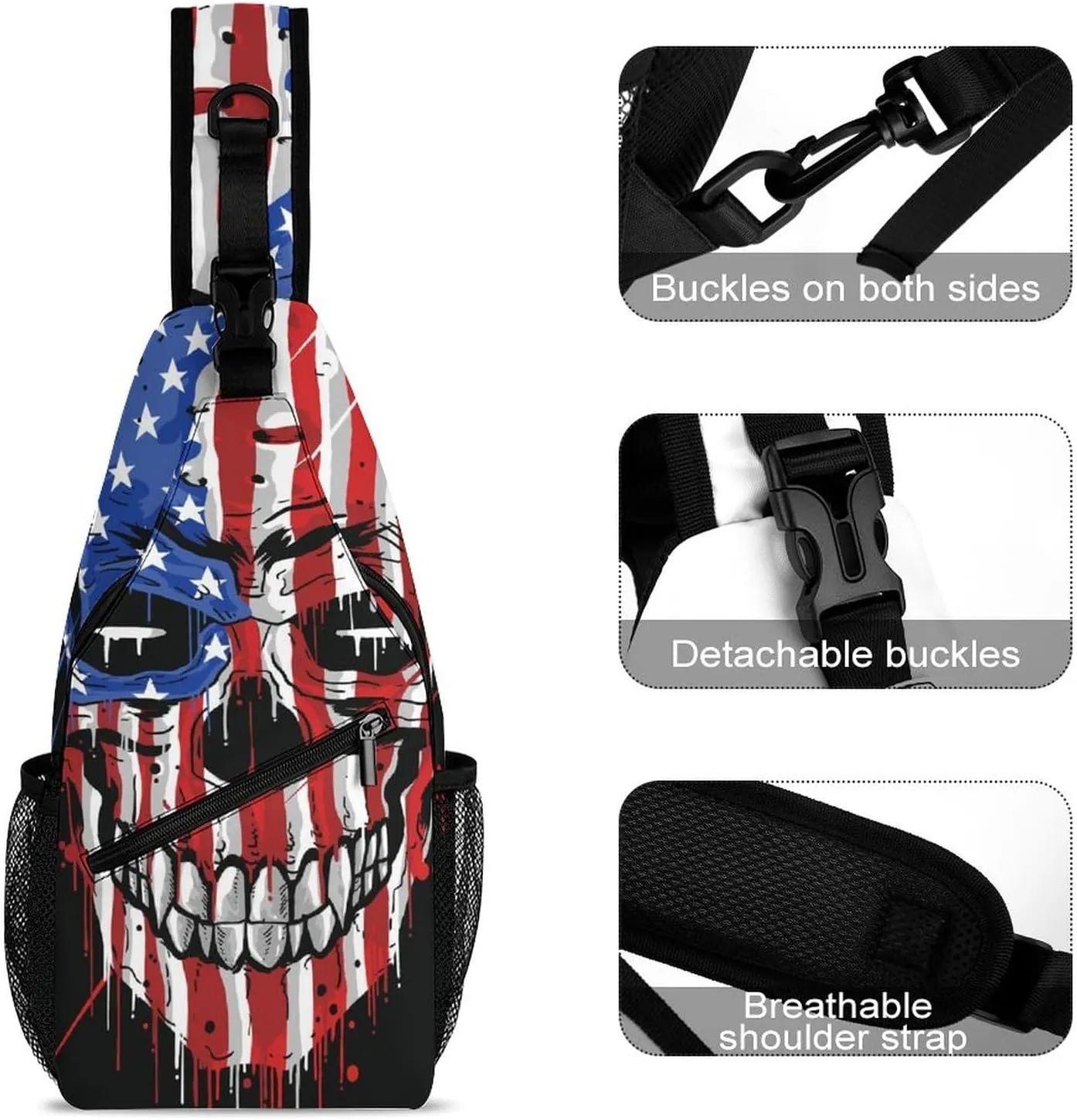 Sling Bag Skull American Flag Crossbody Backpack with Anti Theft Adjustable Shoulder Bag for Travel,Hiking,Cycling,Camping