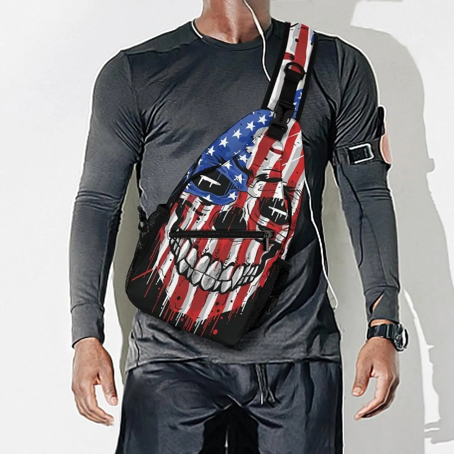 Sling Bag Skull American Flag Crossbody Backpack with Anti Theft Adjustable Shoulder Bag for Travel,Hiking,Cycling,Camping