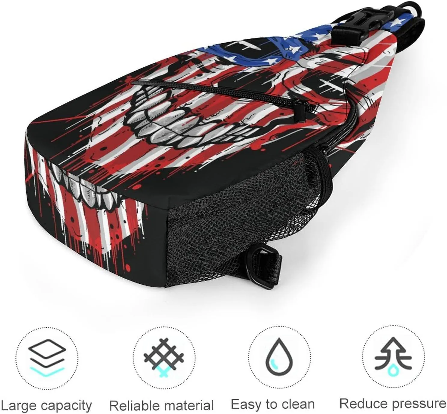 Sling Bag Skull American Flag Crossbody Backpack with Anti Theft Adjustable Shoulder Bag for Travel,Hiking,Cycling,Camping