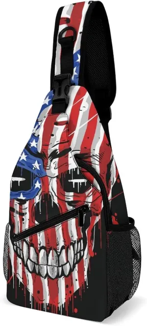 Sling Bag Skull American Flag Crossbody Backpack with Anti Theft Adjustable Shoulder Bag for Travel,Hiking,Cycling,Camping