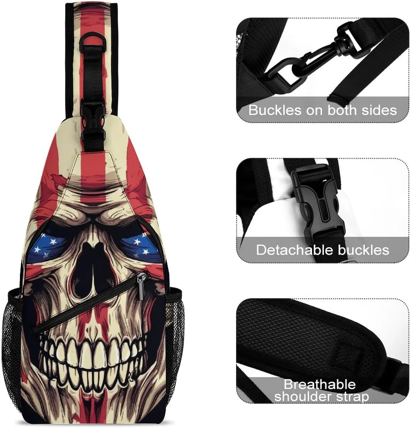 Sling Bag Skull Head Crossbody Shoulder Backpack United States Flag Adjustable Lightweight Travel Hiking Chest Bag for Men Women