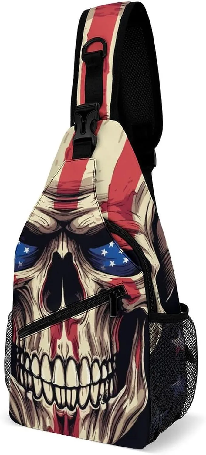 Sling Bag Skull Head Crossbody Shoulder Backpack United States Flag Adjustable Lightweight Travel Hiking Chest Bag for Men Women