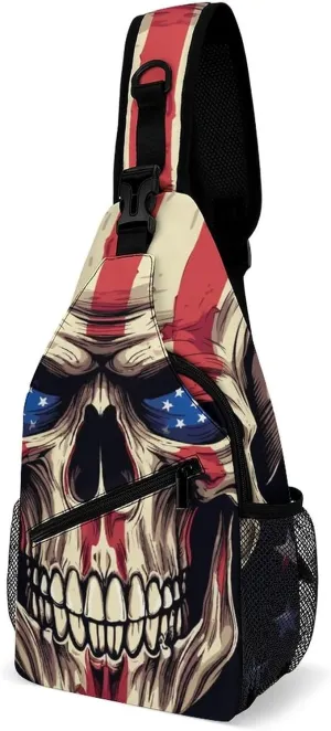 Sling Bag Skull Head Crossbody Shoulder Backpack United States Flag Adjustable Lightweight Travel Hiking Chest Bag for Men Women