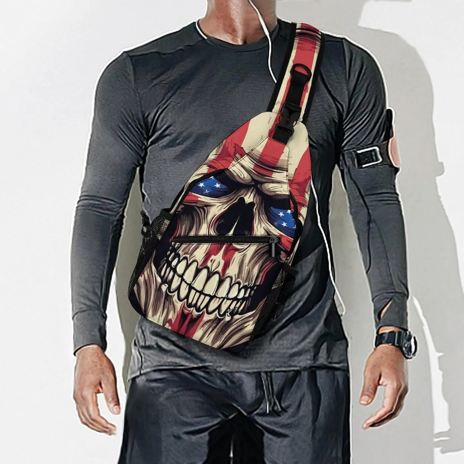 Sling Bag Skull Head Crossbody Shoulder Backpack United States Flag Adjustable Lightweight Travel Hiking Chest Bag for Men Women