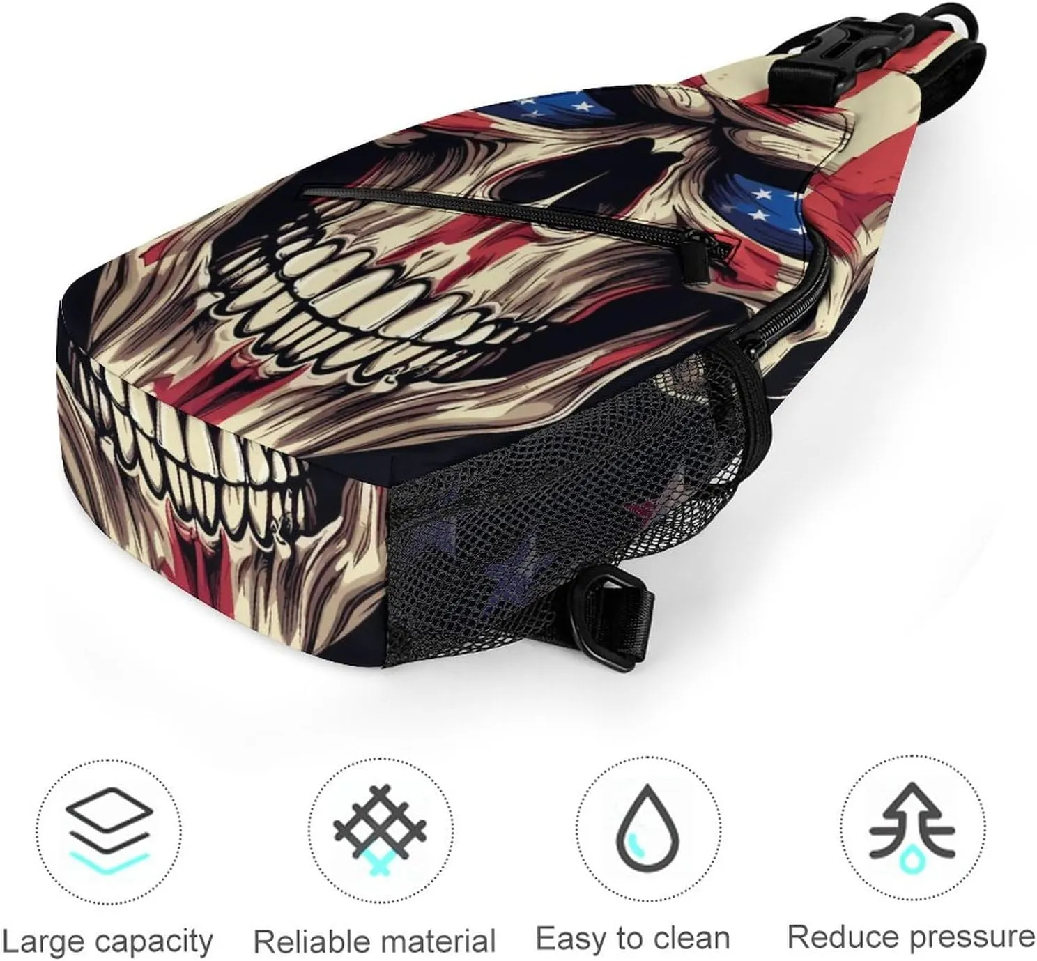 Sling Bag Skull Head Crossbody Shoulder Backpack United States Flag Adjustable Lightweight Travel Hiking Chest Bag for Men Women