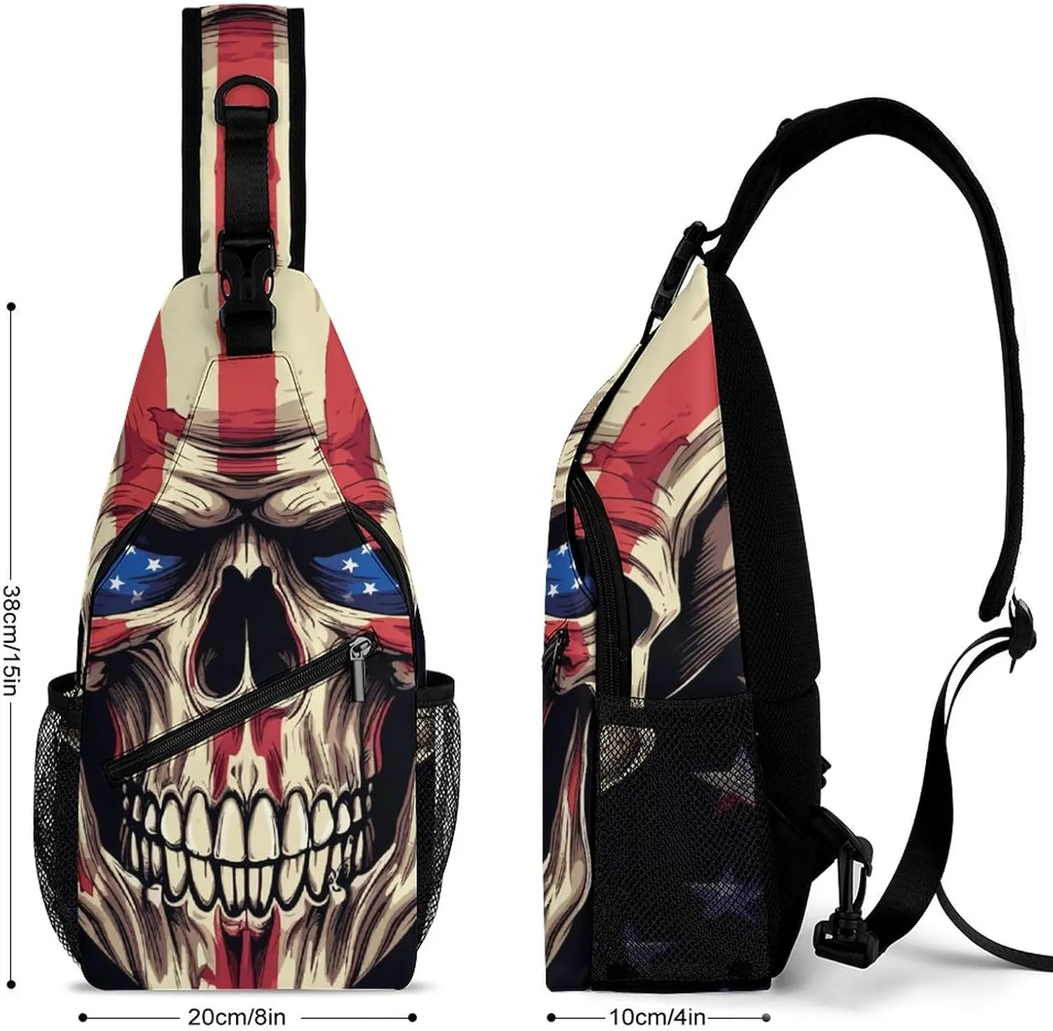Sling Bag Skull Head Crossbody Shoulder Backpack United States Flag Adjustable Lightweight Travel Hiking Chest Bag for Men Women